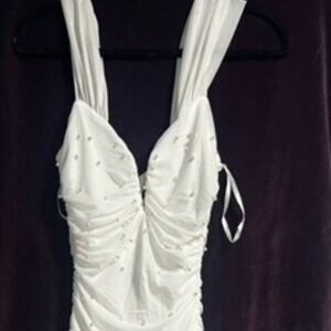 Windsor White Pearl Ruched Gown NWT | V-Neck | Full Length | Size S